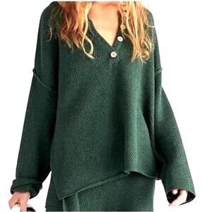 FREE PEOPLE BEACH Medium Hailee Waffle Knit Henley Pullover Sweater Green EUC